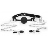 Черный кляп-шарик с зажимами на соски на металлической цепочке - Notabu - купить с доставкой в Петрозаводске