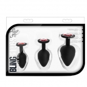 Набор черных анальных пробок с красным кристаллом-сердечком Bling Plugs Training Kit - Blush Novelties - купить с доставкой в Петрозаводске