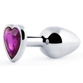 Серебристая анальная пробка с фиолетовым кристаллом-сердечком - 8 см. - Anal Jewelry Plug - купить с доставкой в Петрозаводске