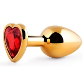 Золотистая анальная пробка с красным стразом-сердечком - 8 см. - Anal Jewelry Plug - купить с доставкой в Петрозаводске