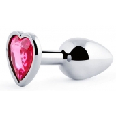 Серебристая анальная пробка с розовым кристаллом-сердечком - 7 см. - Anal Jewelry Plug - купить с доставкой в Петрозаводске
