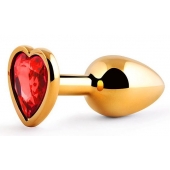 Золотистая анальная пробка с красным стразом-сердечком - 7 см. - Anal Jewelry Plug - купить с доставкой в Петрозаводске