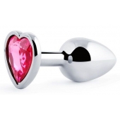 Серебристая анальная пробка с малиновым кристаллом-сердечком - 7 см. - Anal Jewelry Plug - купить с доставкой в Петрозаводске