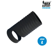 Черная открытая насадка на пенис с кольцом для мошонки L-size - 8,5 см. - Sex Expert - в Петрозаводске купить с доставкой