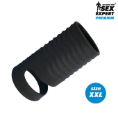 Черная открытая насадка на пенис с кольцом для мошонки XXL-size - 9,4 см. - Sex Expert - в Петрозаводске купить с доставкой