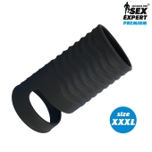 Черная открытая насадка на пенис с кольцом для мошонки XXXL-size - 9,9 см. - Sex Expert - в Петрозаводске купить с доставкой