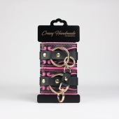 Черные кожаные наручники с розовой строчкой - Crazy Handmade - купить с доставкой в Петрозаводске