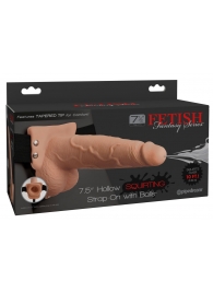 Телесный полый страпон с имитацией эякуляции 7.5  Hollow Squirting Strap-On with Balls Flesh - 21,6 см. - Pipedream - купить с доставкой в Петрозаводске