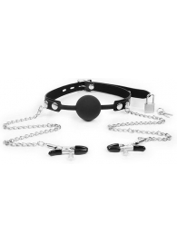 Черный кляп-шарик с зажимами на соски на металлической цепочке - Notabu - купить с доставкой в Петрозаводске