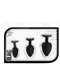 Набор черных анальных пробок с красным кристаллом-сердечком Bling Plugs Training Kit - Blush Novelties - купить с доставкой в Петрозаводске