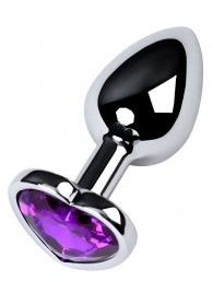 Серебристая коническая анальная пробка с фиолетовым кристаллом-сердечком - 7 см. - ToyFa - купить с доставкой в Петрозаводске