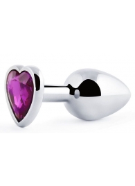 Серебристая анальная пробка с фиолетовым кристаллом-сердечком - 8 см. - Anal Jewelry Plug - купить с доставкой в Петрозаводске