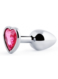Серебристая анальная пробка с розовым кристаллом-сердечком - 7 см. - Anal Jewelry Plug - купить с доставкой в Петрозаводске