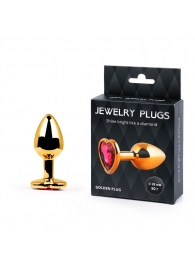 Золотистая анальная пробка с малиновым кристаллом-сердечком - 7 см. - Anal Jewelry Plug - купить с доставкой в Петрозаводске