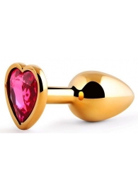 Золотистая анальная пробка с малиновым кристаллом-сердечком - 7 см. - Anal Jewelry Plug - купить с доставкой в Петрозаводске