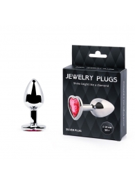Серебристая анальная пробка с малиновым кристаллом-сердечком - 7 см. - Anal Jewelry Plug - купить с доставкой в Петрозаводске
