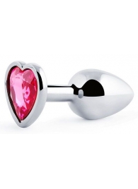 Серебристая анальная пробка с малиновым кристаллом-сердечком - 7 см. - Anal Jewelry Plug - купить с доставкой в Петрозаводске
