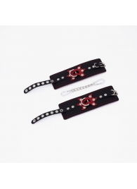 Черные кожаные наручники с красным декором и строчкой - Crazy Handmade - купить с доставкой в Петрозаводске