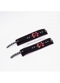 Черные кожаные оковы с красным декором и строчкой - Crazy Handmade - купить с доставкой в Петрозаводске