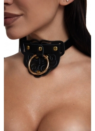 Черный фигурный кожаный ошейник с золотистой фурнитурой - Crazy Handmade - купить с доставкой в Петрозаводске