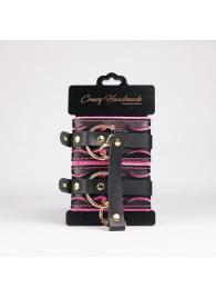 Черные кожаные оковы с розовой строчкой - Crazy Handmade - купить с доставкой в Петрозаводске