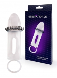 Закрытая насадка на пенис с подхватом мошонки и стимулирующими «ресничками» - Sextaz - в Петрозаводске купить с доставкой
