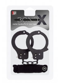 Чёрные наручники из листового металла в комплекте с веревкой BONDX METAL CUFFS LOVE ROPE SET - Dream Toys - купить с доставкой в Петрозаводске