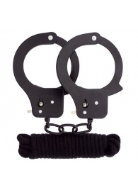 Чёрные наручники из листового металла в комплекте с веревкой BONDX METAL CUFFS LOVE ROPE SET - Dream Toys - купить с доставкой в Петрозаводске