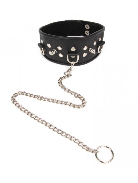 Черный ошейник с шипами и металлическим поводком-цепочкой - Notabu - купить с доставкой в Петрозаводске