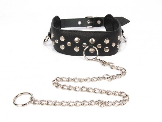 Черный ошейник с заклепками с металлическим поводком-цепочкой - Notabu - купить с доставкой в Петрозаводске