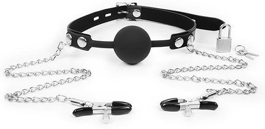 Черный кляп-шарик с зажимами на соски на металлической цепочке - Notabu - купить с доставкой в Петрозаводске