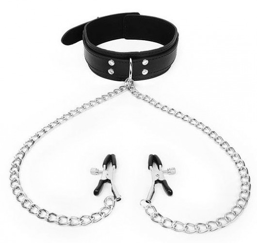 Черный ошейник с зажимами на соски на цепочке - Notabu - купить с доставкой в Петрозаводске