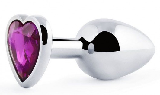 Серебристая анальная пробка с фиолетовым кристаллом-сердечком - 8 см. - Anal Jewelry Plug - купить с доставкой в Петрозаводске