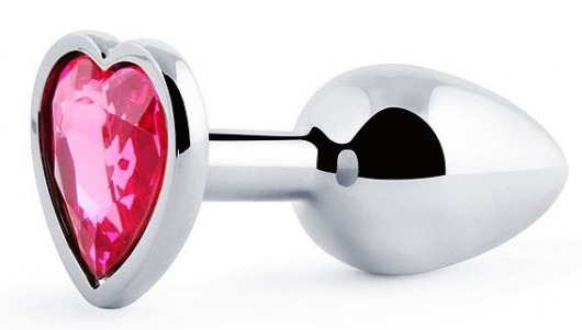 Серебристая анальная пробка с розовым кристаллом-сердечком - 7 см. - Anal Jewelry Plug - купить с доставкой в Петрозаводске