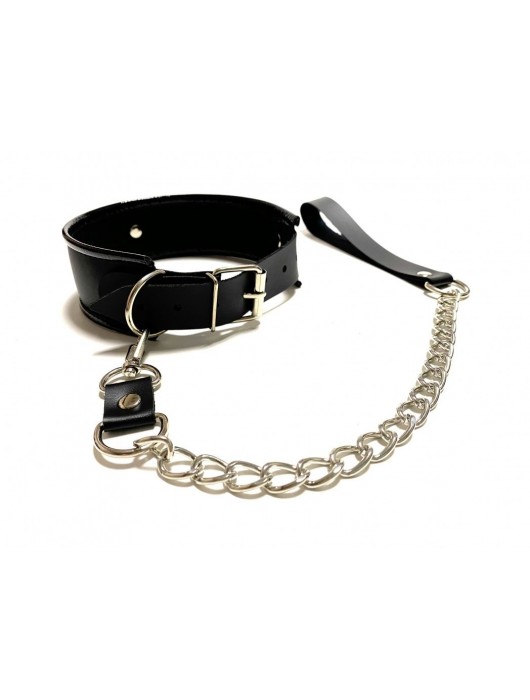 Черный ошейник с поводком из эко-кожи - БДСМ Арсенал - купить с доставкой в Петрозаводске