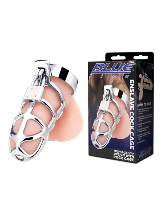 Серебристая металлическая клетка для члена с замком Enslave Cock Cage - BlueLine - купить с доставкой в Петрозаводске