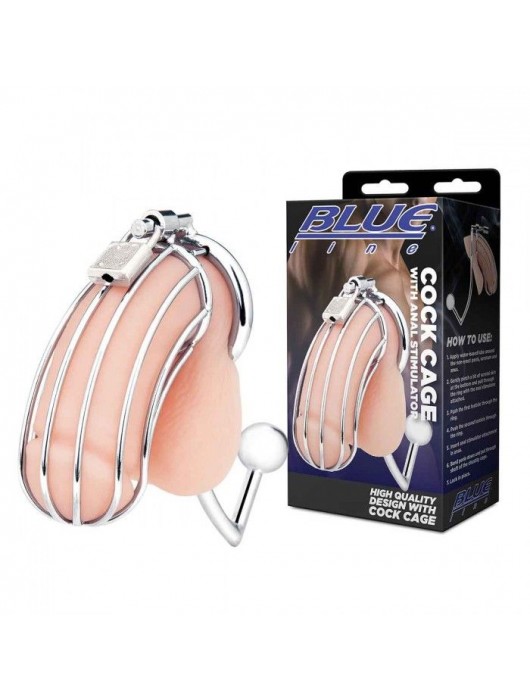 Серебристая металлическая клетка с анальным стимулятором Cock Cage - BlueLine - купить с доставкой в Петрозаводске