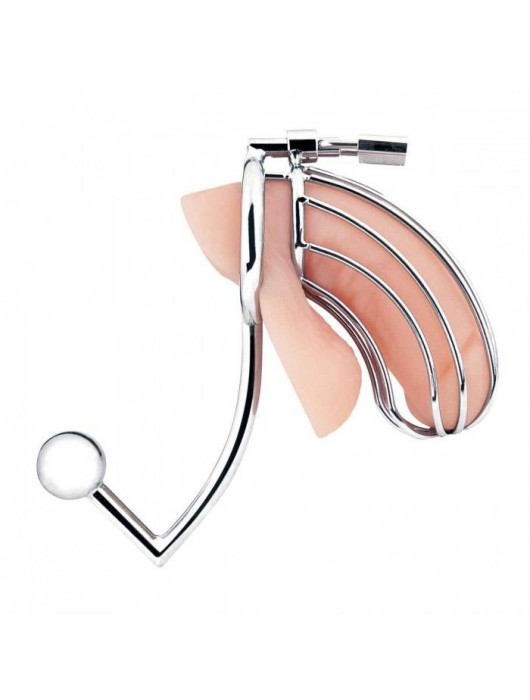 Серебристая металлическая клетка с анальным стимулятором Cock Cage - BlueLine - купить с доставкой в Петрозаводске