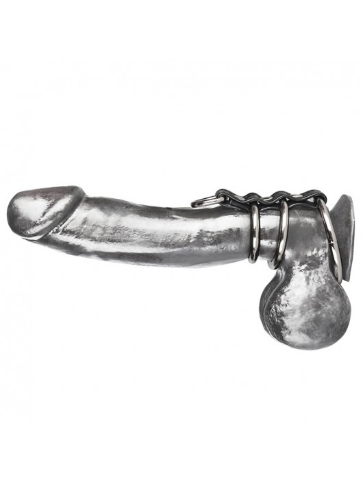 Хомут на пенис из трех металлических колец и кольца для привязи 3 RING GATES OF HELL - BlueLine - купить с доставкой в Петрозаводске