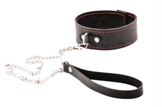Черный широкий ошейник с красной строчкой и поводком - Crazy Handmade - купить с доставкой в Петрозаводске