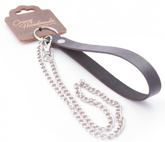 Серебристый металлический поводок с кожаной черной ручкой - 80 см. - Crazy Handmade - купить с доставкой в Петрозаводске