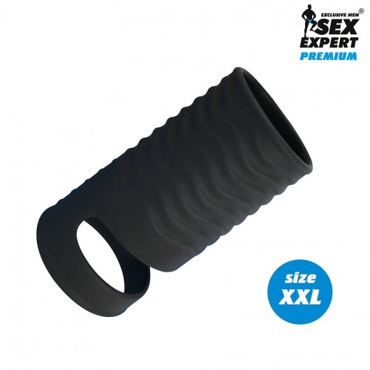 Черная открытая насадка на пенис с кольцом для мошонки XXL-size - 9,4 см. - Sex Expert - в Петрозаводске купить с доставкой