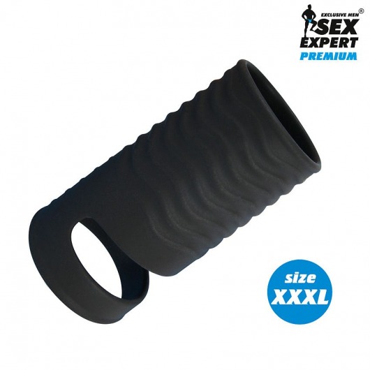 Черная открытая насадка на пенис с кольцом для мошонки XXXL-size - 9,9 см. - Sex Expert - в Петрозаводске купить с доставкой