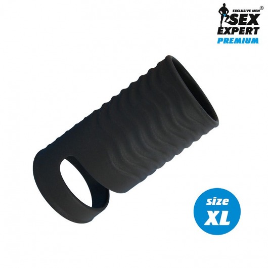 Черная открытая насадка на пенис с кольцом для мошонки XL-size - 8,9 см. - Sex Expert - в Петрозаводске купить с доставкой