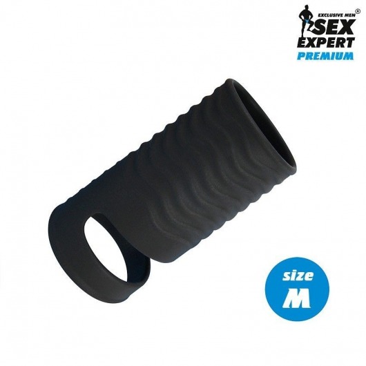Черная открытая насадка на пенис с кольцом для мошонки size M - 7,9 см. - Sex Expert - в Петрозаводске купить с доставкой