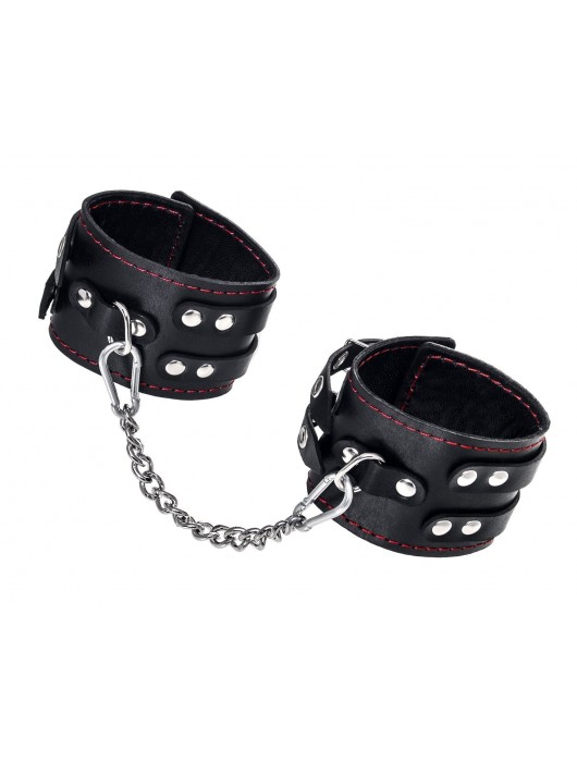 Черные кожаные оковы с двумя ремнями и контрастной строчкой - Pecado - купить с доставкой в Петрозаводске