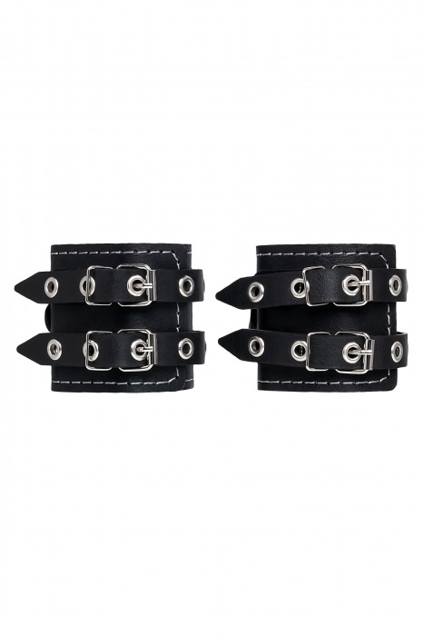 Черные кожаные наручники с двумя ремнями и красной подкладкой - Pecado - купить с доставкой в Петрозаводске