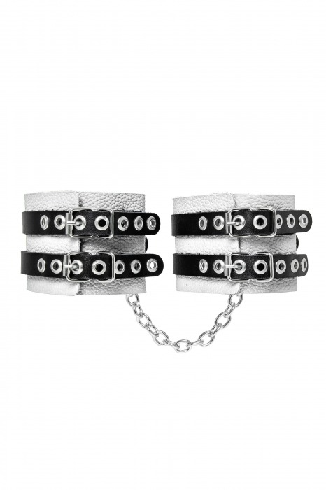 Бело-черные оковы с двумя ремешками и люверсами - Pecado - купить с доставкой в Петрозаводске
