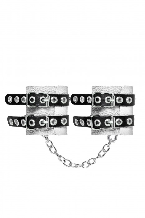 Бело-черные наручники с двумя ремешками и люверсами - Pecado - купить с доставкой в Петрозаводске