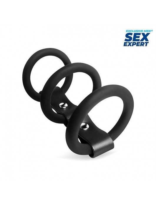 Черное тройное эрекционное кольцо с ремешком - Sex Expert - в Петрозаводске купить с доставкой
